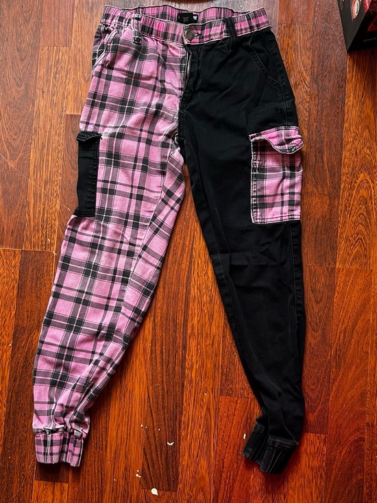 Hot Topic Pants - Hot Topic Pink Plaid and Black Two-Tone Cargo Joggers